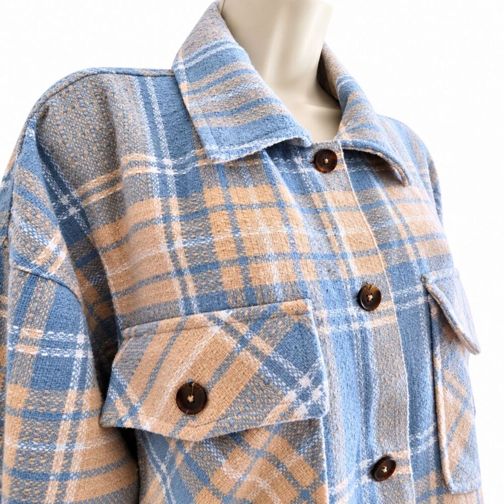 Boston Traders Shacket Womens L Blue Beige Plaid Flannel Button Shirt Jacket - Picture 4 of 12